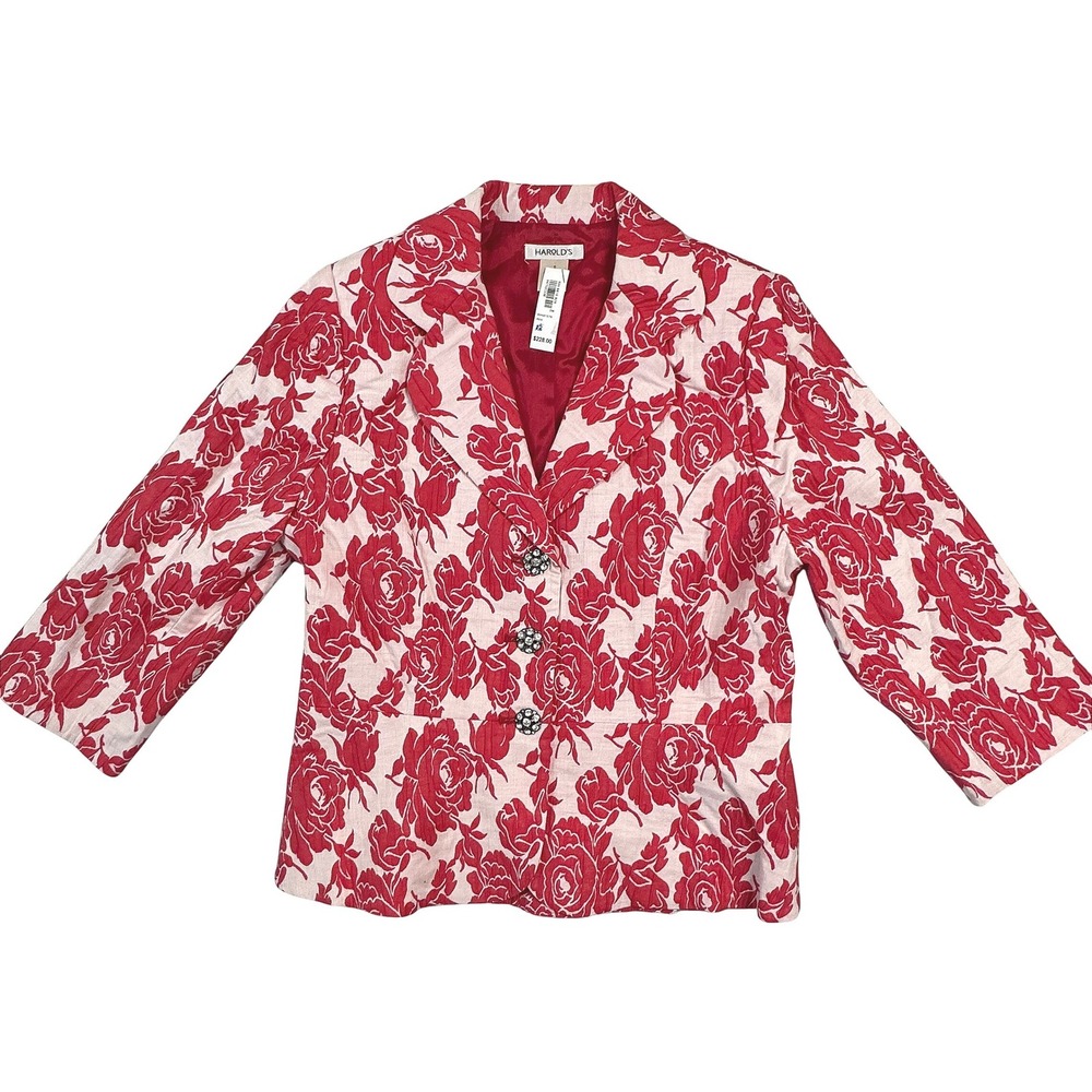 NWT Harold's Red White Floral Blazer Rhinestone Button Jacket 6 Beautiful!